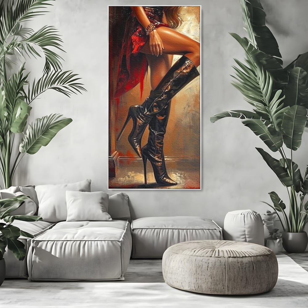 Tablou canvas cu pictura cu picioare feminine in cizme, in rama de aluminiu argintiu, pe perete intr-un living